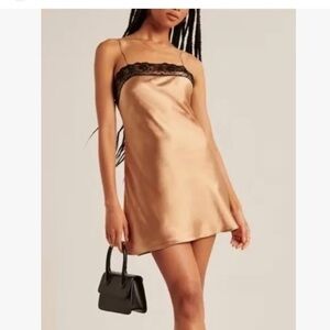 Abercrombie & Fitch Satin Mini Slip Dress Champagne Lace Trim Large Tall